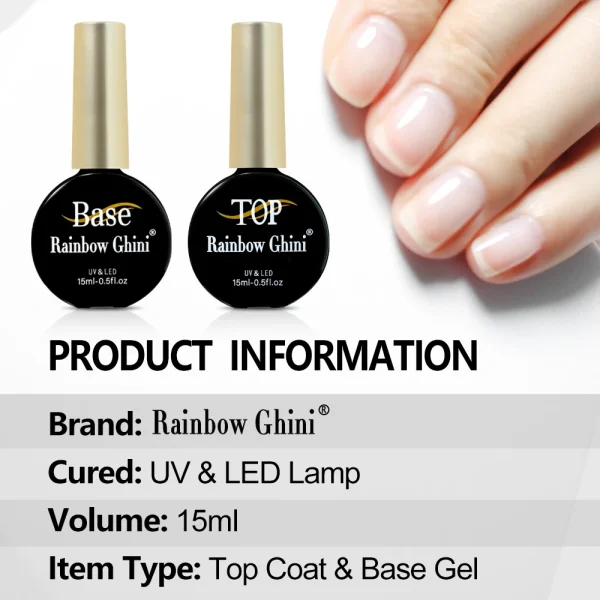 Rainbow Ghini 15ml Superbright Top Coat y Base Coat UV Gel First Nail Primer Polish 2024 without Sticky Layer No Wipe for Lamp - Image 3