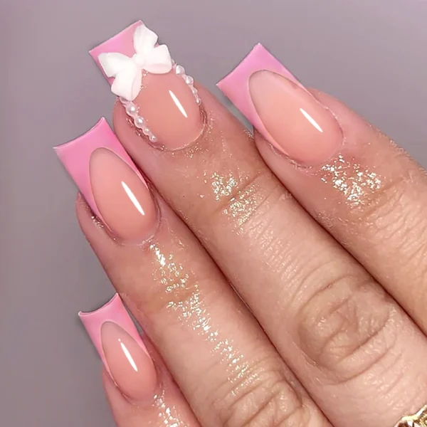 Black French Tips Press on Nails 3D White Bowknot Alloy Stars Designs Fake Nails Ballet Charms False Nails Korean Manicure 24Pcs - Image 2