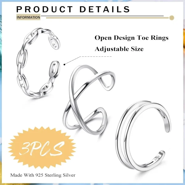 Fansilver 3Pcs 925 Sterling Silver Toe Ring for Women Color Change Adjustable Toe Rings Nail Rings Summer Beach Barefoot Jewelry - Image 6