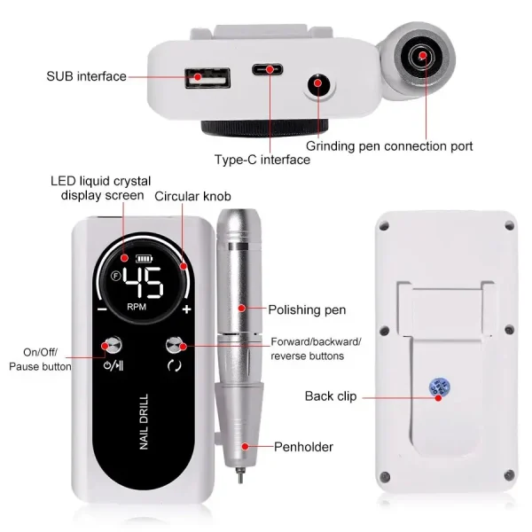 Professional 45000RPM Electric Portable Nail Drill Machine Rechargeable Low Noise Nail Sander File for Manicure Salon Tool - Image 5