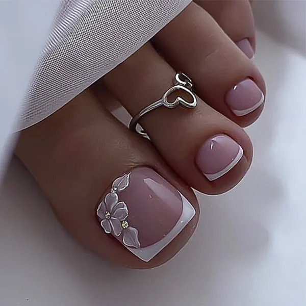 New French False Toe Nails with Heart Rhinestone Design White Edge Summer Press on Toenails Fashion Manicure Fake Toenail Patch - Image 4