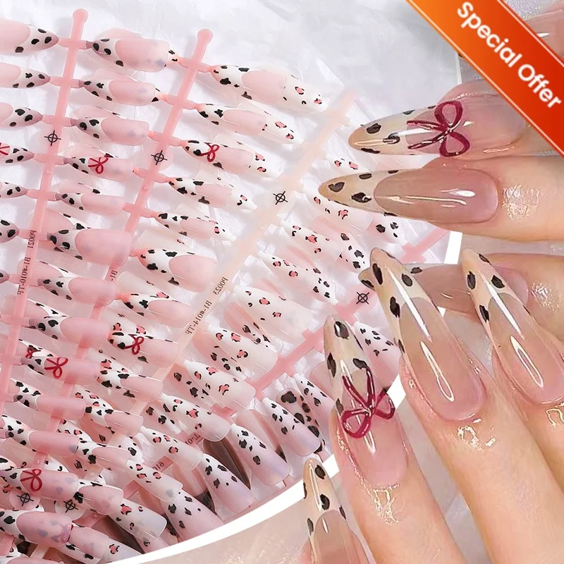 20/24Pcs Leopard Print Press On Nail Oval Head French Wearable False Nail Tips Solid Color Reusable Full Cover Fake Nails