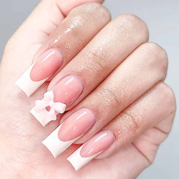 Black French Tips Press on Nails 3D White Bowknot Alloy Stars Designs Fake Nails Ballet Charms False Nails Korean Manicure 24Pcs - Image 3
