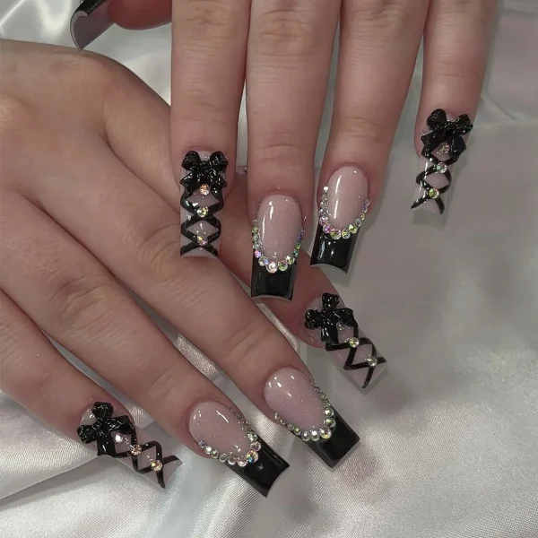 Black French Tips Press on Nails 3D White Bowknot Alloy Stars Designs Fake Nails Ballet Charms False Nails Korean Manicure 24Pcs - Image 6
