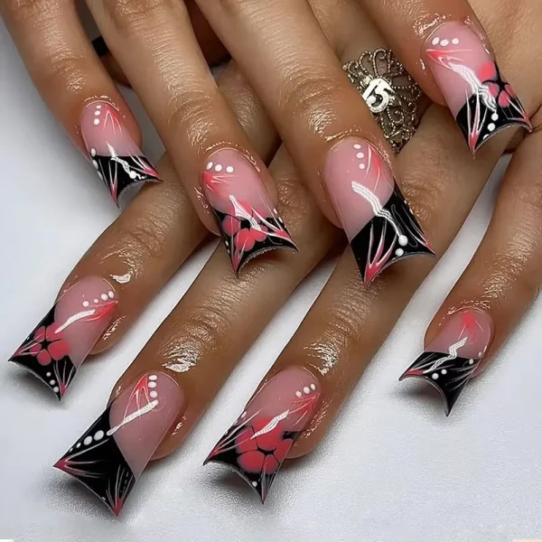 24Pcs Duckbill Press on Nails Y2K White French Edge Five Petal Flower Full Cover Acrylic Fake Nail Diamond inlaid Nail Art - Image 2