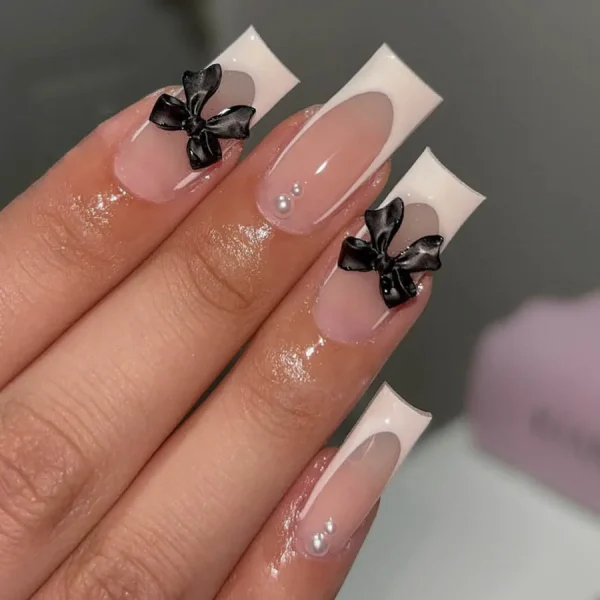 Black French Tips Press on Nails 3D White Bowknot Alloy Stars Designs Fake Nails Ballet Charms False Nails Korean Manicure 24Pcs - Image 5