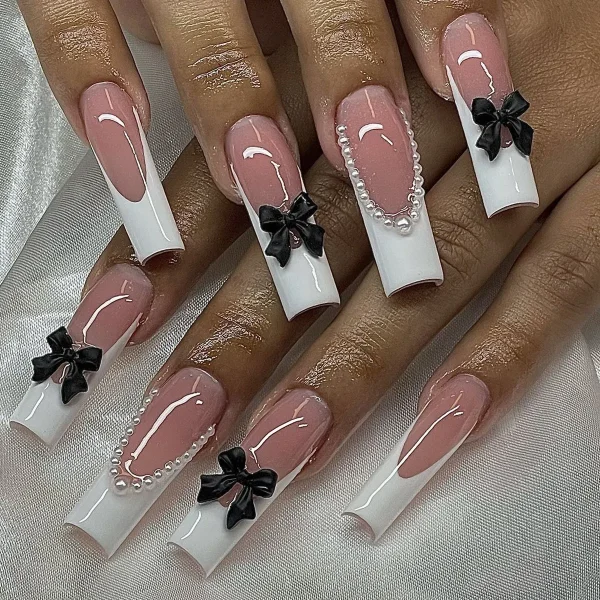 Black French Tips Press on Nails 3D White Bowknot Alloy Stars Designs Fake Nails Ballet Charms False Nails Korean Manicure 24Pcs - Image 4