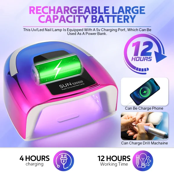 200W Rechargeable UV LED Nail Lamp Cordless Nail Dryer with 3 Timer Settings and Smart Sensor for Home & Salon to Curing All Gel - Image 3