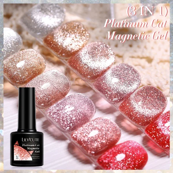 LILYCUTE 7ML Rose Gold Foils Effect Platinum Cat Magnetic Gel Nail Polish Silver Moonlight for Fall Winter Manicure Nail Art Gel - Image 3