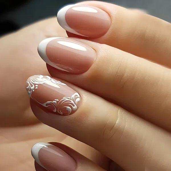 24Pcs Mid-length French Fake Nail with Silver Edge Design Round Head Almond False Nail Wearable Simple Finished Press on Nails - Image 3