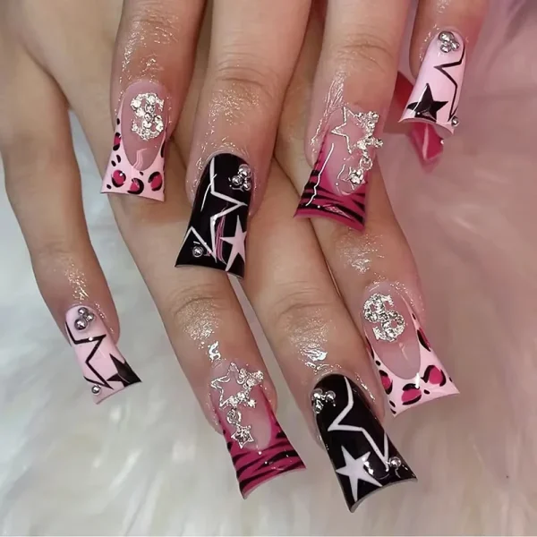 24Pcs Duckbill Press on Nails Y2K White French Edge Five Petal Flower Full Cover Acrylic Fake Nail Diamond inlaid Nail Art - Image 3