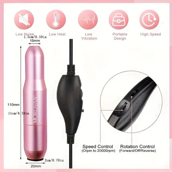 Morovan Professional Electric Nail Drill Acrylic gel Nail Kit - Portable manicure and pedicure kit for shaping and polishing - Image 4