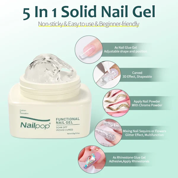 Nailpop Solid Nail Gel Glue for Press On Nails Strong Adhesive Clear Gel Tip Adhesive UV Gel Long-Lasting No Damage 20g (1/3pcs) - Image 2