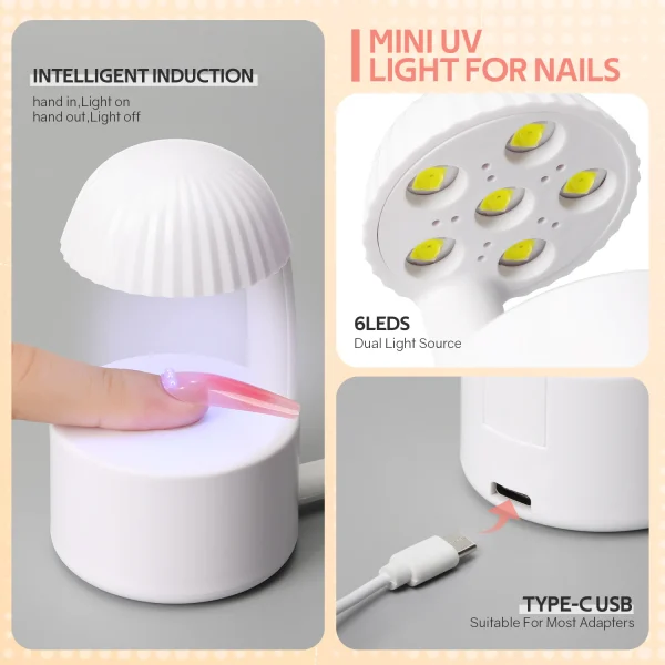 Mini UV LED Nail Lamp 6 LEDs Nail Dryer Type-C Charging Portable Manicure Lamp with Smart Induction Nail Art Tools - Image 3