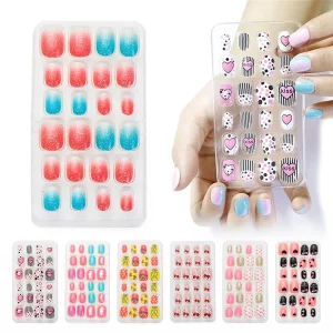 24Pcs Candy False Nail Tips Press On Nails Children Cartoon Full Cover Kid Glue Self Fake Nail Art for Girls Manicure Tips