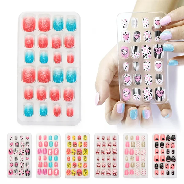 24Pcs Candy False Nail Tips Press On Nails Children Cartoon Full Cover Kid Glue Self Fake Nail Art for Girls Manicure Tips